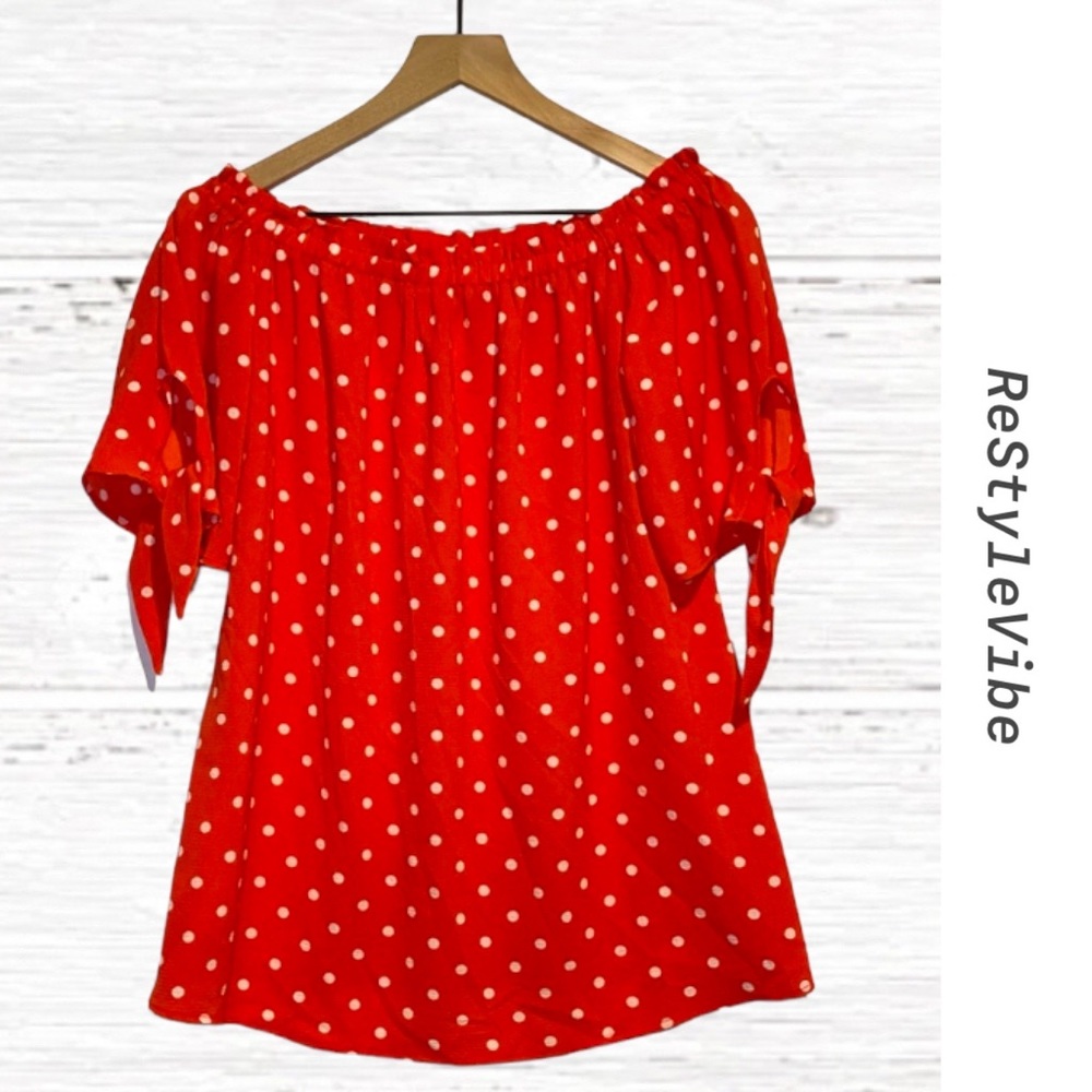 Vine & Love Women’s Size S Top Blouse Off Shoulder Polka Dot Red White Shirt